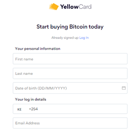 YellowCard Signup page